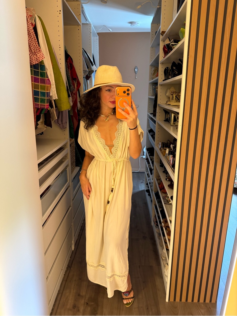 Cream Lace-Trim Maxi swim cover up.